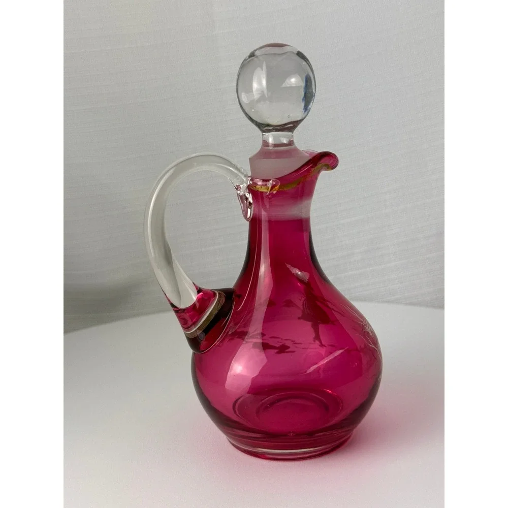 Vintage Mary Gregory Style Cranberry Glass Decanter Pink Enamel Girl 7.5in Good